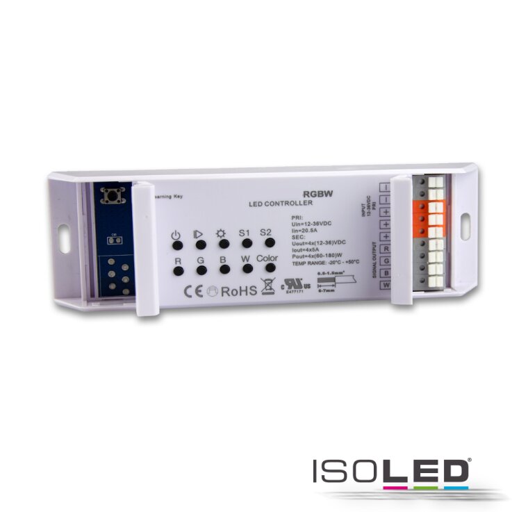 RGB+W PWM-Dimmer mit Nah- u. Fernbedienung, 2 Szenen-Speicher, 4 Kanal, 12-36V, 4x5A