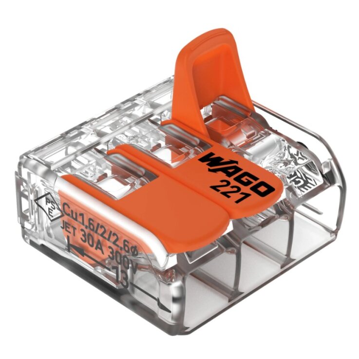 WAGO COMPACT-Verbindungsklemme; für alle Leiterarten; max. 6 mm²; 3 Leiter; mit Hebeln; Gehäusefarbe transparent; Umgebungstemperatur max. 85 °C (T85); 6,00 mm²; transparent