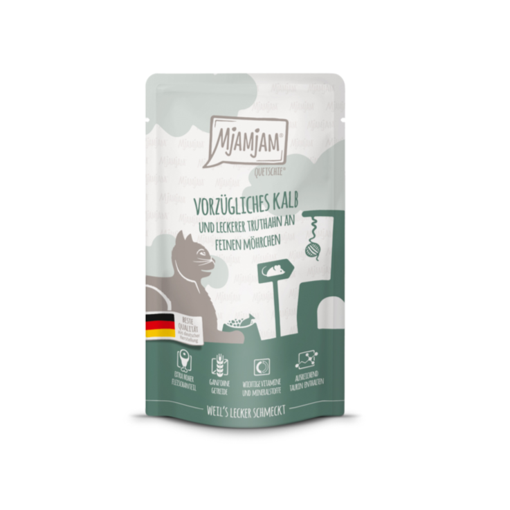 Katzen – Nassfutter MjAMjAM Adult Vorzügliches Kalb und leckerer Truthahn an feinen Möhrchen, 125 g