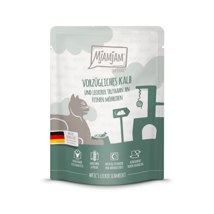 Katzen – Nassfutter MjAMjAM Adult Vorzügliches Kalb und leckerer Truthahn an feinen Möhrchen, 300 g