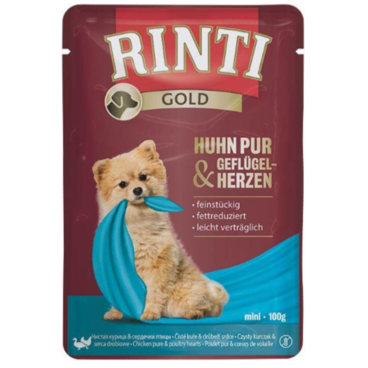 Hunde - Nassfutter RINTI Adult Gold Huhn Pur & Geflügelherzen, 100 g