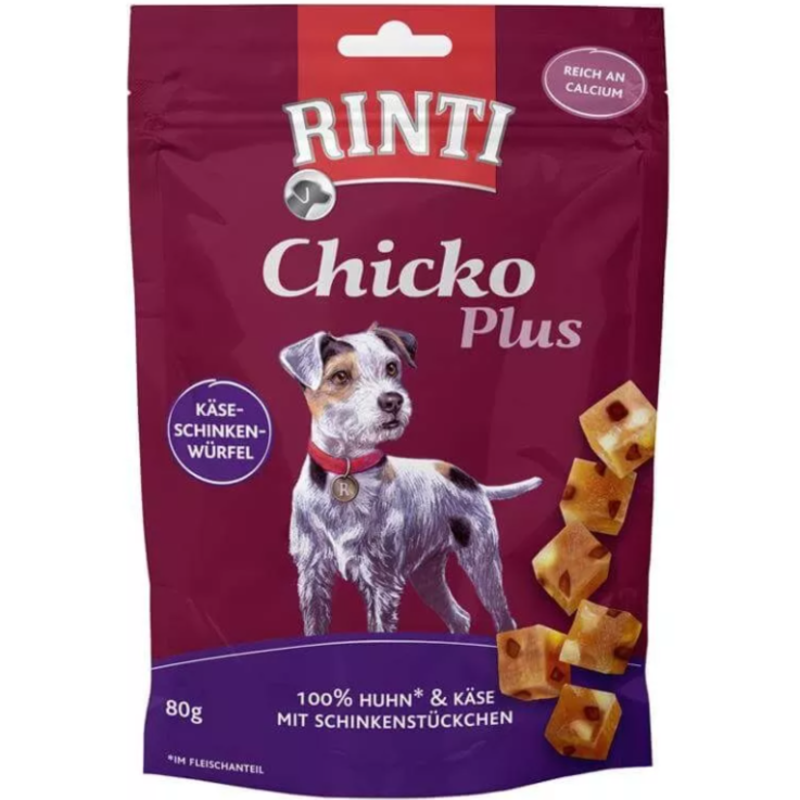 Hunde - Snack RINTI Chicko Plus Käse-Schinken-Würfel mit Huhn, 80 g