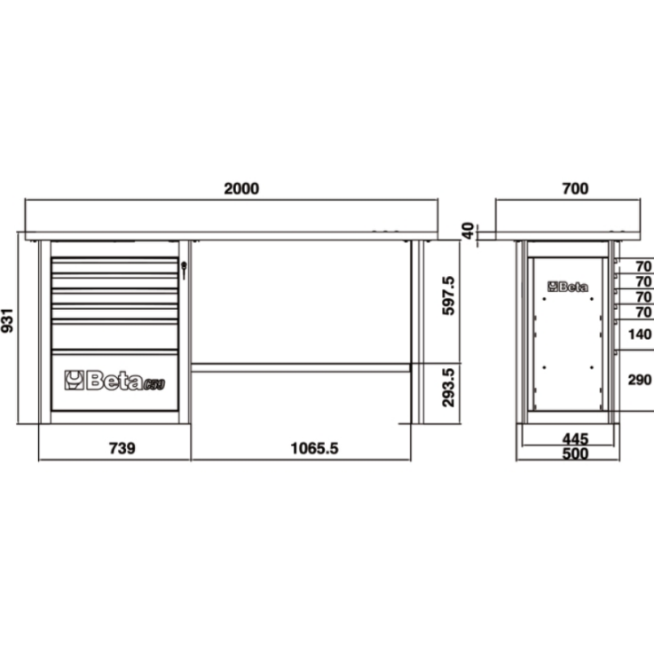 BETA Werkbank "Endurance" mit 1 Schubladenblock aus sechs Schubladen, orange