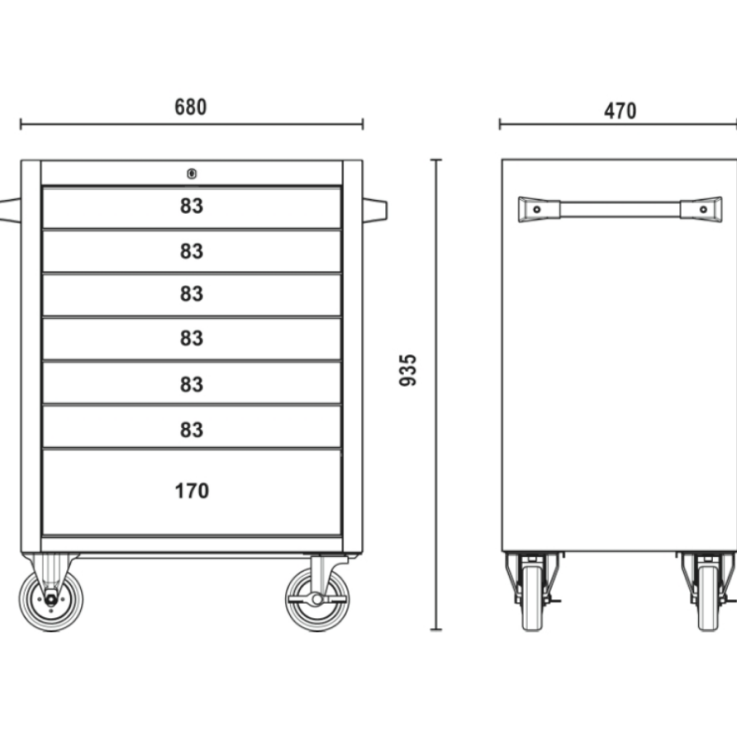 BETA Werkzeugwagen mit sieben Schubladen, komplett aus Edelstahl, Abriebfeste Räder