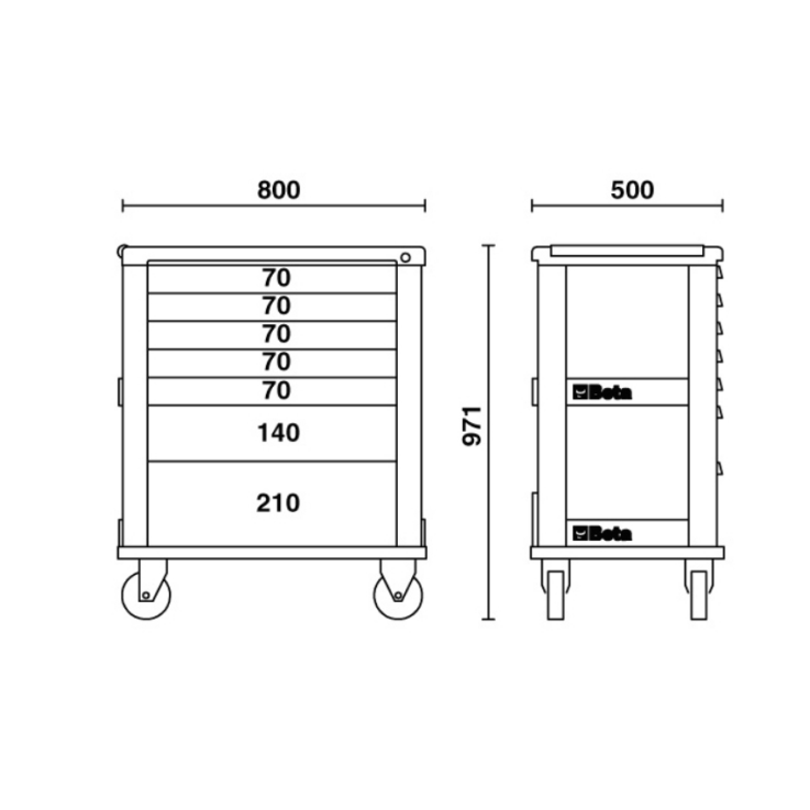 BETA Werkzeugwagen mit sieben Schubladen, orange