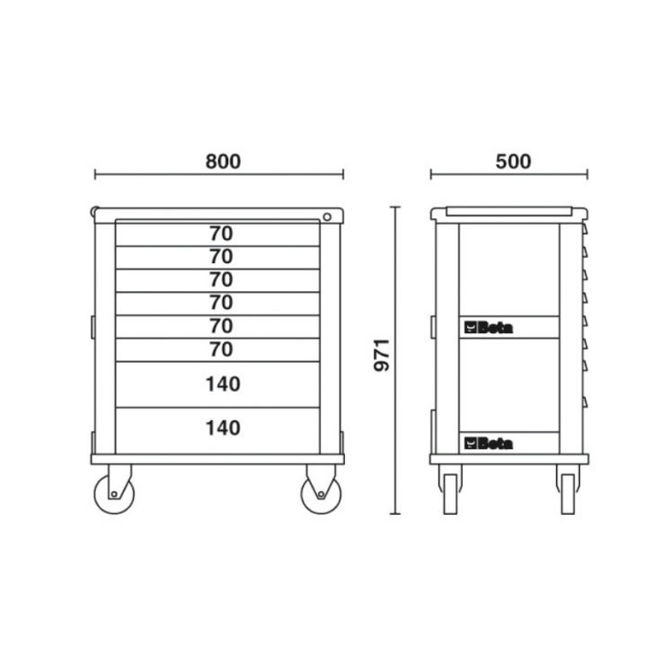 BETA Werkzeugwagen mit acht Schubladen, orange