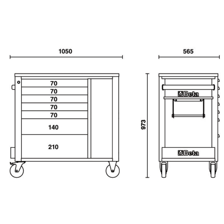 BETA Werkzeugwagen mit 7 Schubladen und Ablageschrank, orange