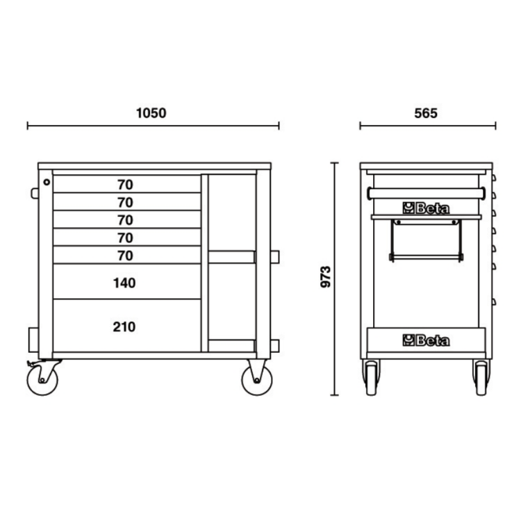 BETA Werkzeugwagen mit 7 Schubladen und Seitenablagen, orange