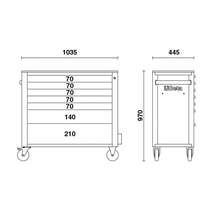 BETA Werkzeugwagen 7 Schubladen und Anti-Kipp-System, lange Ausführung, orange