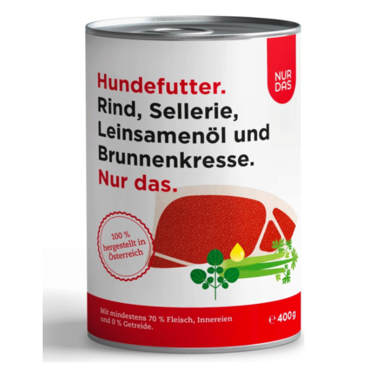 Hunde - Nassfutter NUR DAS Rind mit Sellerie, Leinsamenöl und Brunnenkresse