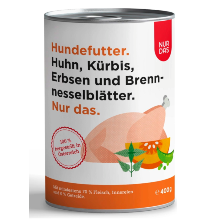 Hunde - Nassfutter NUR DAS Huhn mit Kürbis, Erbsen und Brennnesselblätter