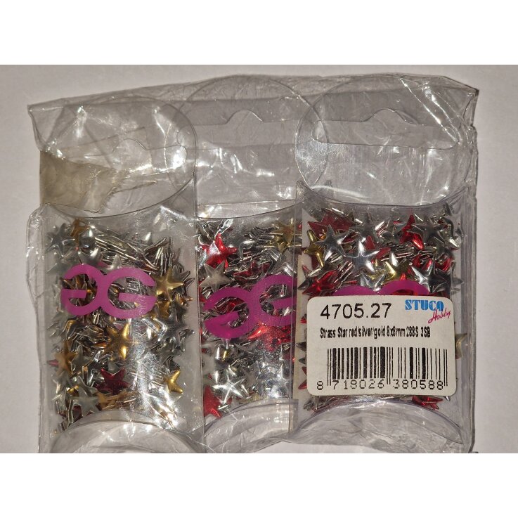 Strass Stern rot/silber/gold 8x8 mm