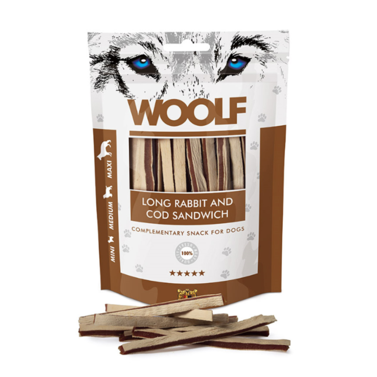 Hunde - Snack WOOLF Kaninchen & Kabeljau Sandwich, 100 g