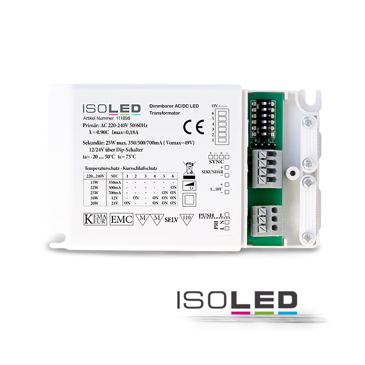 LED MULTI Trafo 12V/24V/350mA/500mA/700mA, Push + 1-10V dimmbar, SELV