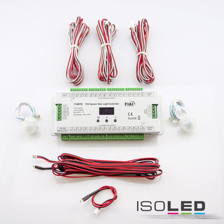 Treppen-Effekt PWM-Dimmer 5-24V DC, 32x1A + SPI-Output, 2 PIR Sensor + 2 Push-Tast Eingänge